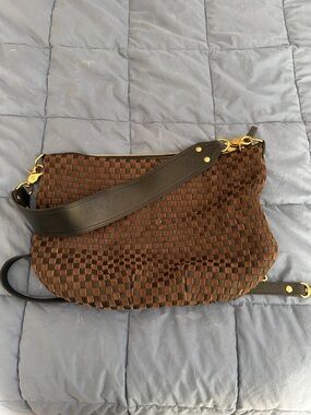 Clare V. Woven Brown Suede and black leather moyen messenger bag